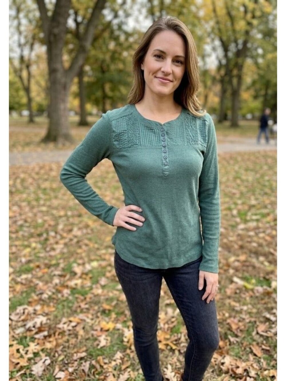 Bob Timberlake Womens Green Textured Long Sleeve Henley Shirt Size S